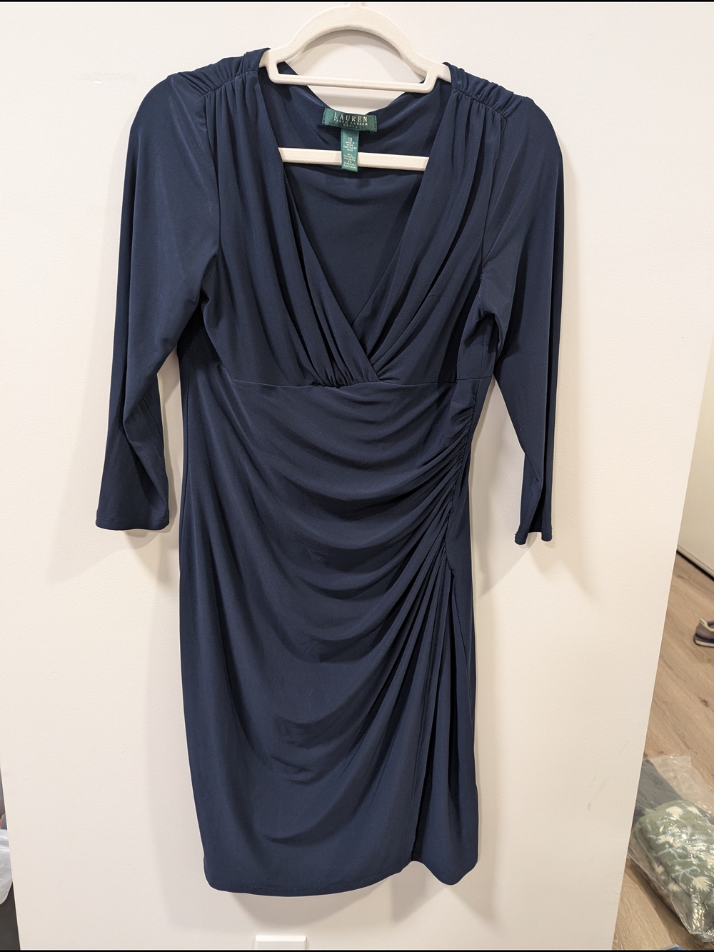 Lauren Ralph Lauren Deep Navy Draped V-Neck Long Sleeve Dress